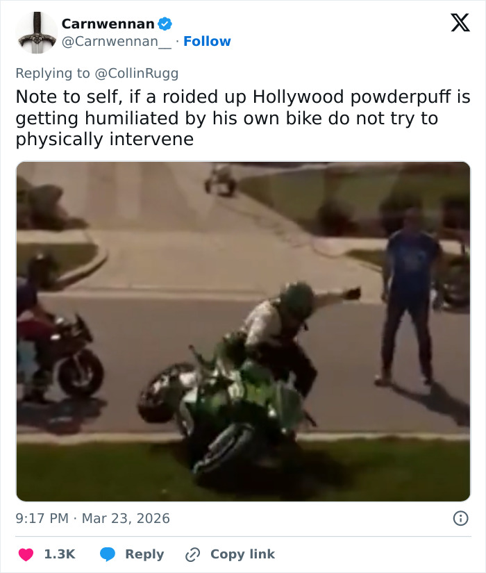 Una persona se cae de una motocicleta en una calle del vecindario mientras un vecino en pelea con la estrella de Reacher, Alan Ritchson, rompe el silencio.