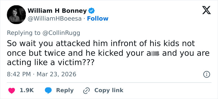 Captura de pantalla del tweet que muestra a William H Bonney respondiendo sobre un vecino en pelea con la estrella de Reacher, Alan Ritchson, con 1,9 mil me gusta.