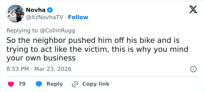 Tweet de Novha cuestionando la historia del vecino en la pelea que involucra a la estrella de Reacher, Alan Ritchson, instando a ocuparse de sus propios asuntos.
