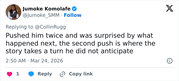 Tweet de Jumoke Komolafe sobre un giro inesperado en una pelea entre vecinos que involucra a la estrella de Reacher, Alan Ritchson.