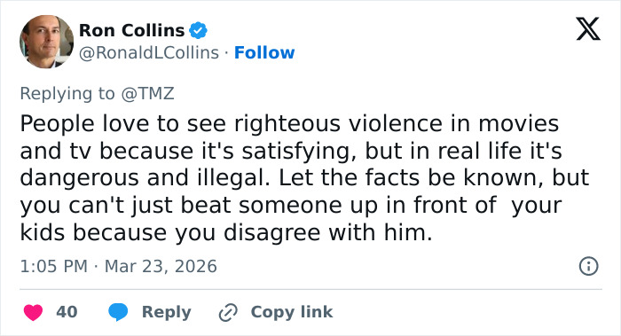 Captura de pantalla de Ron Collins respondiendo a TMZ sobre la violencia, relacionada con el vecino en pelea con la estrella de Reacher, Alan Ritchson.