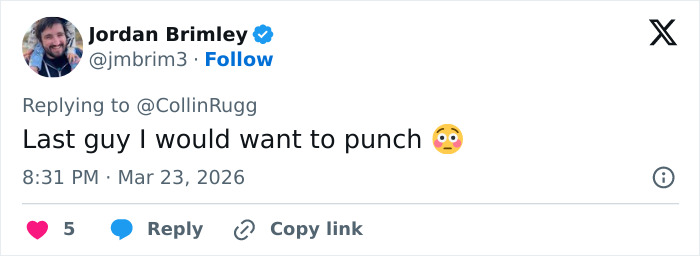 Tweet de Jordan Brimley reaccionando al conflicto que involucra al vecino y estrella de Reacher, Alan Ritchson, cuestionando los detalles de la historia.