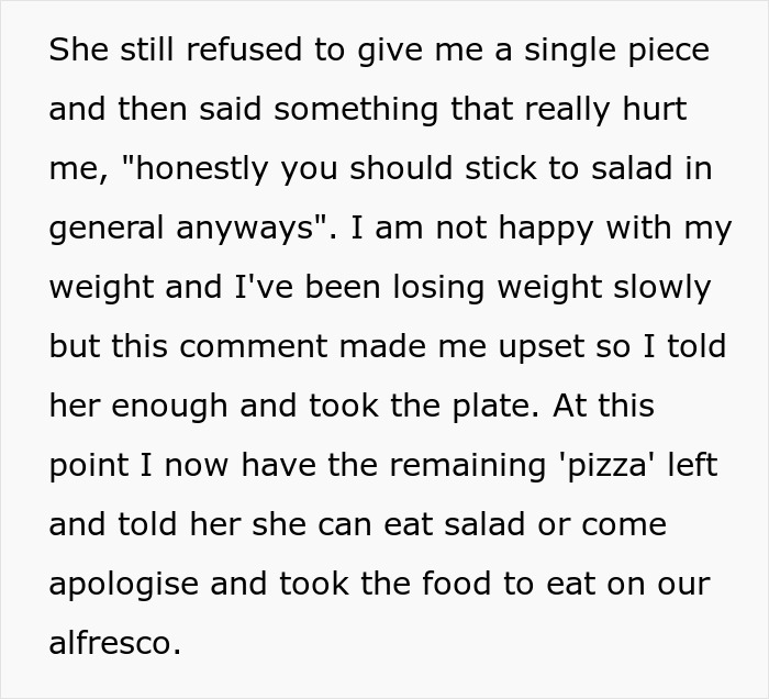 Texto que muestra la reacción de un marido tras el cruel comentario de una esposa embarazada sobre su peso y la elección de ensalada.