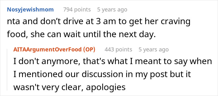 Captura de pantalla de una conversación en Reddit sobre el cruel comentario de una esposa embarazada que hirió a su marido y su reacción.