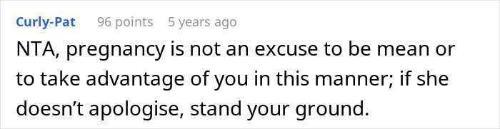 Comentario del usuario Curly-Pat aconsejando al marido que no acepte comportamientos malos durante el embarazo y se mantenga firme.