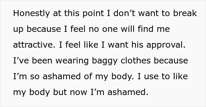 Texto que muestra a una mujer que se siente avergonzada de su cuerpo y permanece en una relación debido a que su pareja la regaña para que pierda peso.