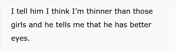 Texto de una conversación que muestra a una mujer y un hombre discutiendo sobre el peso y la apariencia, destacando las quejas sobre la pérdida de peso.