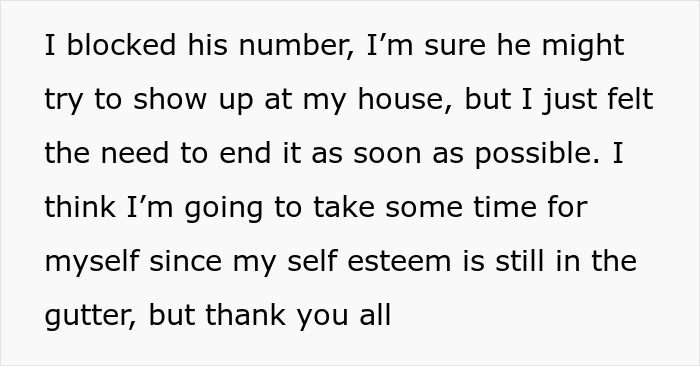 Mensaje de texto que describe el fin de una relación debido a repetidas quejas sobre la pérdida de peso, lo que afecta la autoestima.
