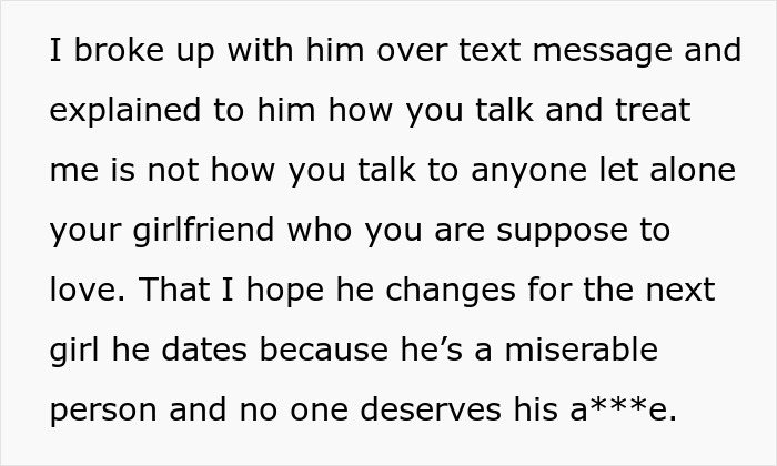 Ruptura por mensaje de texto que explica cómo un hombre persigue a una mujer y la regaña todos los días para que pierda peso, lo que daña la relación.