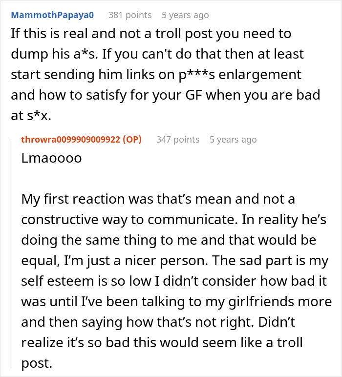 Captura de pantalla de una discusión en línea sobre un hombre que persigue a una mujer y la regaña todos los días para que pierda peso.