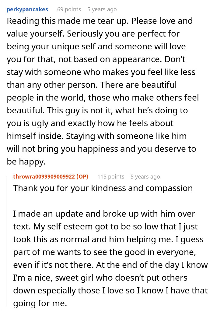 Reddit comenta sobre un hombre que persigue a una mujer y la regaña diariamente para que pierda peso, reflexionando sobre la autoestima y la ruptura.