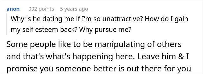 Captura de pantalla de un comentario en línea sobre un hombre que persigue a una mujer y la regaña todos los días para que pierda peso.