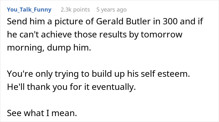 Captura de pantalla de un comentario en un foro sobre un hombre que persigue a una mujer y la regaña todos los días para que pierda peso.