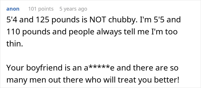 Captura de pantalla de un comentario en línea que habla sobre el peso corporal y critica a un hombre que regaña a su novia todos los días para que pierda peso.