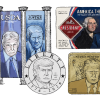 Una ilustración de cuatro artículos con el nombre y la cara de Trump: pancartas colgadas en edificios, un pase para un parque nacional, una moneda de 1 dólar y una tarjeta Visa.