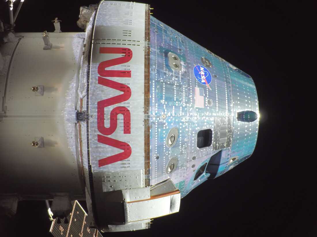 The exterior of the Orion spacecraft Integrity is seen during the Artemis II mission en route to the moon.