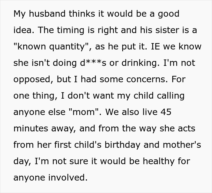 Extracto de texto sobre el marido de una mujer que apoya la adopción del bebé por parte de su hermano, preocupaciones sobre la relación del niño con el SIL.