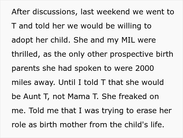 Extracto de texto sobre una mujer que quiere que su hermano adopte a su bebé y enfrenta un conflicto con su cuñada sobre los roles de maternidad.