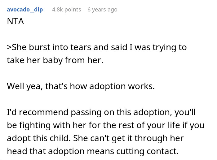 Captura de pantalla de un comentario de Reddit sobre una mujer que quiere que su bebé sea adoptado y las reacciones sobre la adopción y los conflictos familiares.