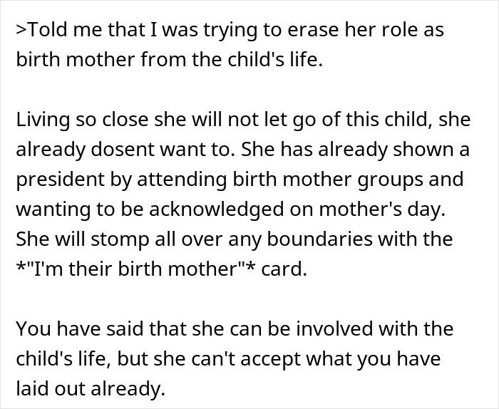 Texto sobre una mujer que quiere que su hermano adopte a su bebé, conflicto con su cuñada por ser madre única.