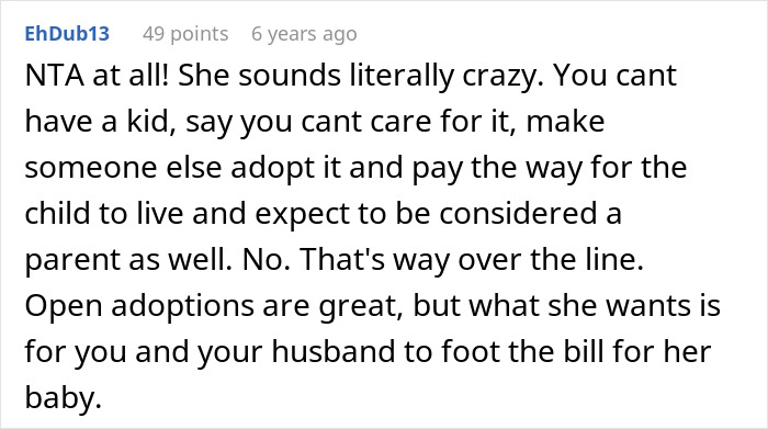 Comentario de texto sobre una mujer que quiere que su hermano adopte a su bebé, furiosa porque su cuñada dice que será solo mamá.