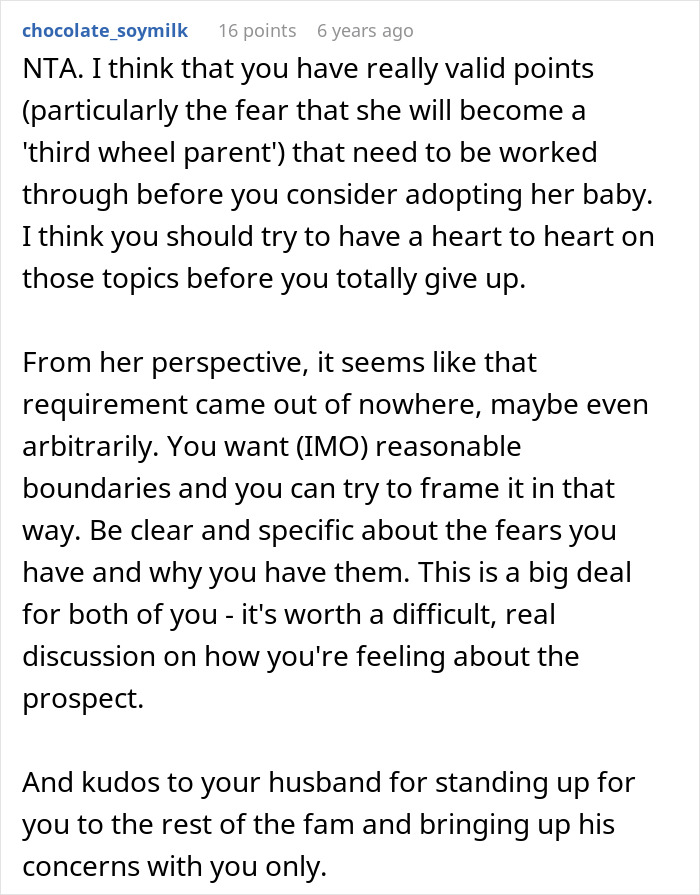 Comente sobre los miedos y los límites sobre la adopción de un bebé, centrándose en la mujer que desea que un hermano adopte un bebé y el conflicto SIL.