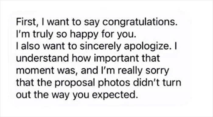 Mensaje de disculpa de un fotógrafo que aborda horribles fotos de compromiso por las que se pagó 725 dólares, dejando a la mujer y a los espectadores desconcertados.