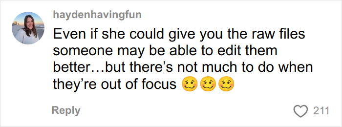 Comentario del usuario haydenhavingfun que expresa dudas sobre la edición de fotos de compromiso borrosas por las que se pagó 725 dólares, lo que dejó a la gente desconcertada.