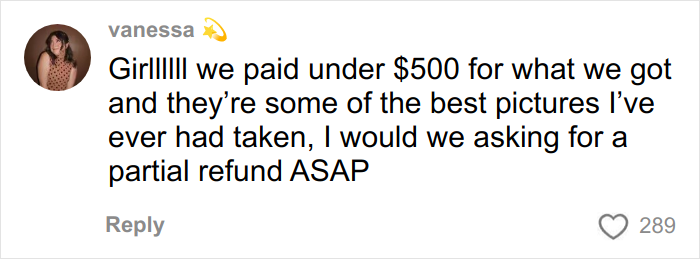 Comentario de Vanessa sobre fotos de compromiso pagadas y considerando solicitar un reembolso parcial debido a insatisfacción.