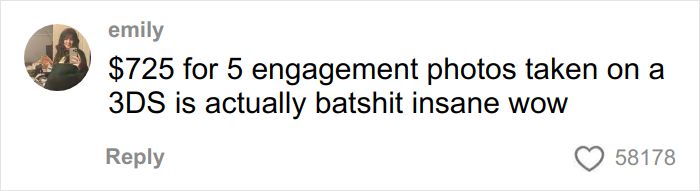Comentario en las redes sociales reaccionando a horribles fotos de compromiso que cuestan $725, expresando incredulidad y frustración.