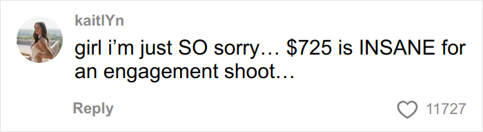 Comenta en las redes sociales expresando conmoción por pagar $725 por horribles fotos de compromiso y cuestionando la excusa del fotógrafo.