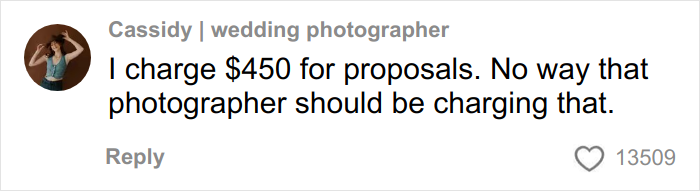 Comentario del fotógrafo de bodas Cassidy criticando los elevados precios de las fotografías de propuesta en una discusión en las redes sociales sobre fotografías de compromiso.
