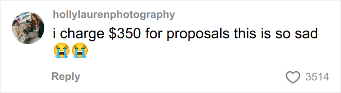 Comenta en redes sociales una cuenta de fotografía sobre cobrar $350 por propuestas, expresando tristeza con emojis de llanto.