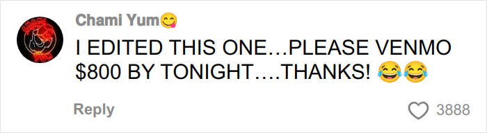 Comentario de usuario en redes sociales, solicitando $800 a través de Venmo con emojis de risa, relacionado con la controversia de la foto de compromiso.