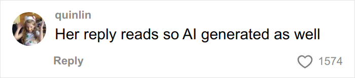 El comentario de un usuario en una publicación en las redes sociales lee su respuesta, sonidos generados por IA, relacionados con una mujer que comparte horribles fotos de compromiso por las que pagó $725.