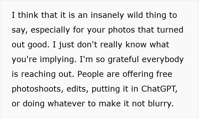 Extracto de texto que muestra a una mujer que comparte horribles fotos de compromiso por las que pagó 725 dólares y está desconcertada por la excusa del fotógrafo.