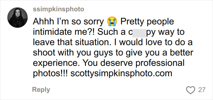 El comentario de disculpa del fotógrafo sobre horribles fotos de compromiso por las que una mujer pagó $725 deja a la gente desconcertada en línea.