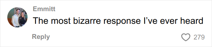 Comentario del usuario en la publicación de fotos de compromiso, describiendo la excusa del fotógrafo como la respuesta más extraña vista, con 279 me gusta.
