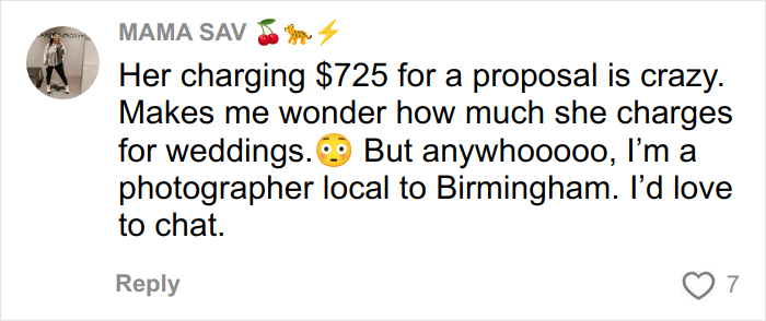 Comente en las redes sociales cuestionando el cargo de $725 por una foto de compromiso, mencionando a los fotógrafos locales de Birmingham y el precio de la boda.