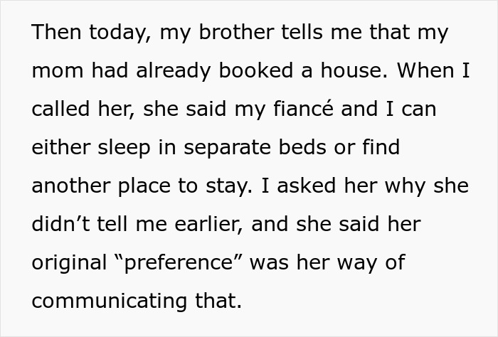 Una mujer se enfrenta a un dilema después de que su madre controla la disposición para dormir con su futura esposa, lo que provoca tensión antes de su estancia en una casa reservada.