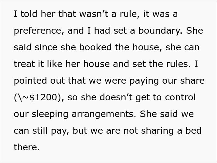 Extracto de texto que muestra la disputa de una mujer sobre los arreglos para dormir controlados por su madre en medio de los planes de boda.
