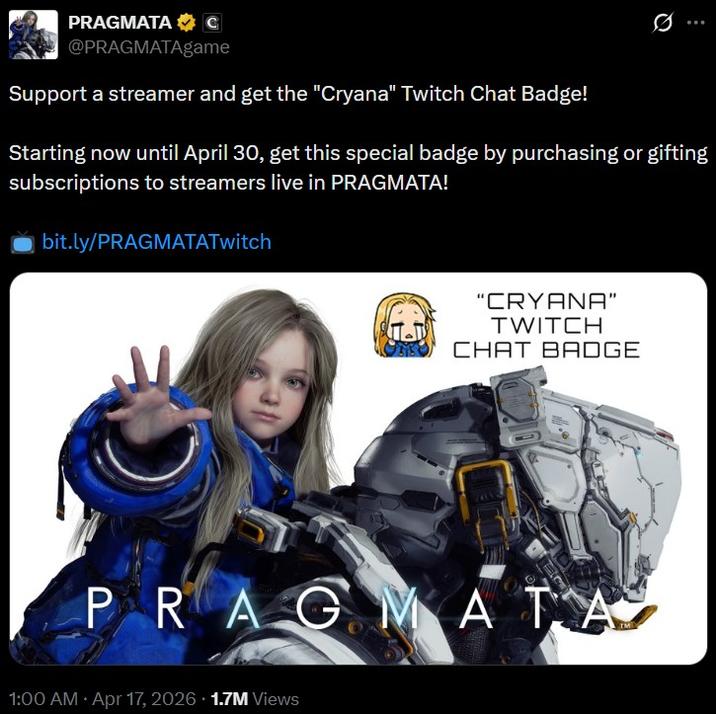 Un tweet que anuncia la insignia de chat Cryana Twitch de Pragmata.