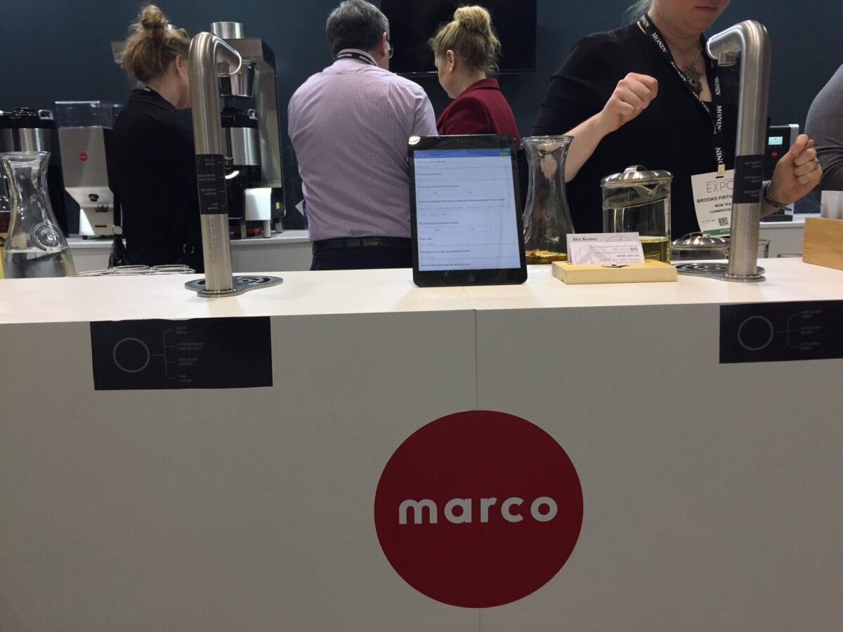 Plant milks: A booth labeled "Marco" at the Specialty Coffee Association expo.