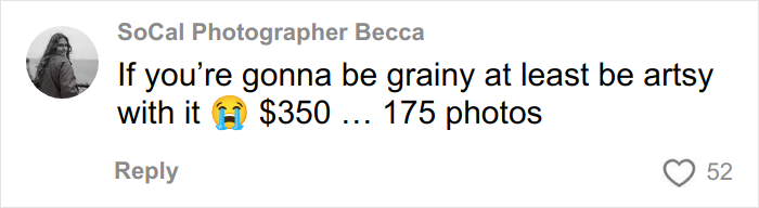 Comentario de la fotógrafa del sur de California, Becca, que menciona fotografías granuladas y el precio de una sesión de compromiso de 175 fotografías.